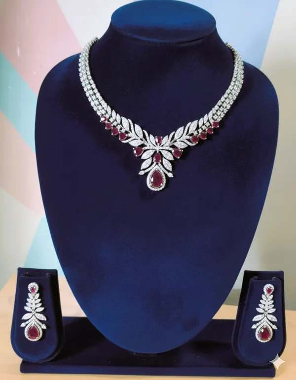 Silver_Red_Stone_Ad_Alloy_Leaf_Necklace_Earring_Set_For_Women