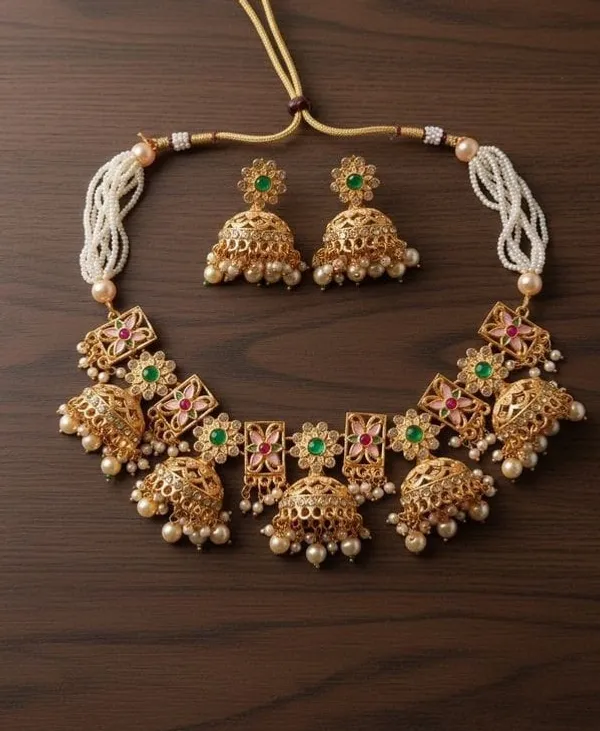 Gold-Tone_White_Bead_Floral_Jhumka_Necklace_Earring_Set_For_Women