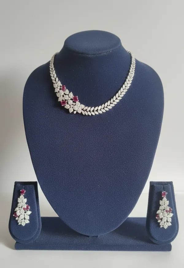 Silver_Red_Stone_Alloy_Leaf_Necklace_Earring_Set_For_Women