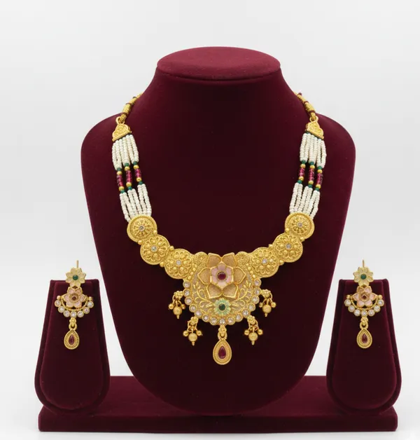 Gold-Tone_White_Bead_Bridal_Necklace_Earring_Set_For_Women