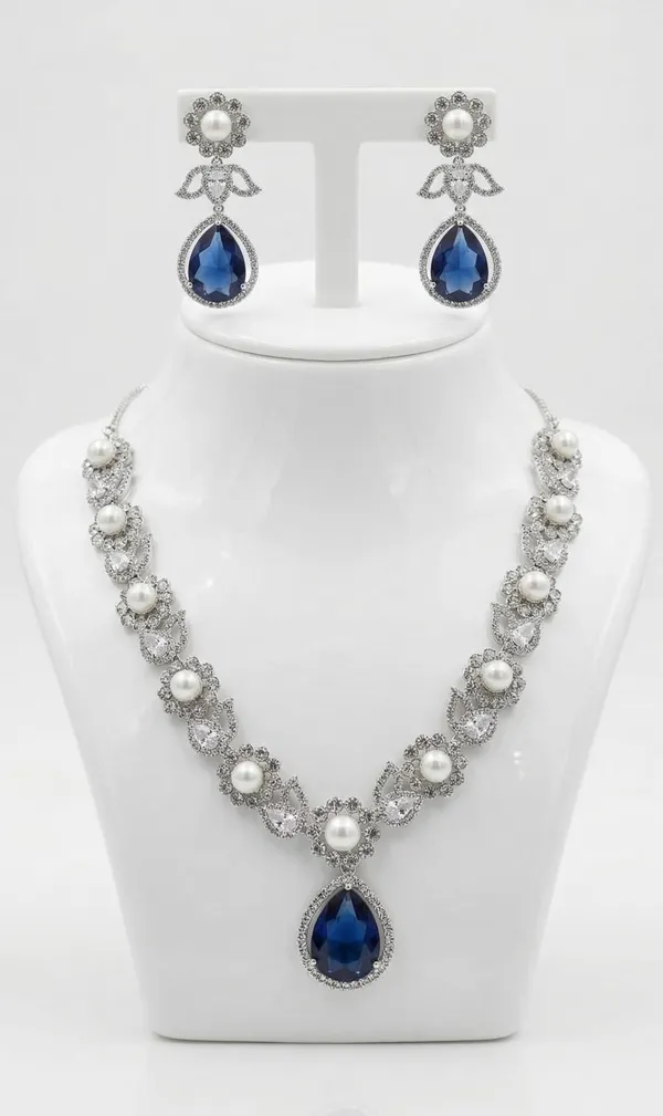Silver_Blue_Stone_Pearl_Alloy_Floral_Necklace_Earring_Set_For_Women