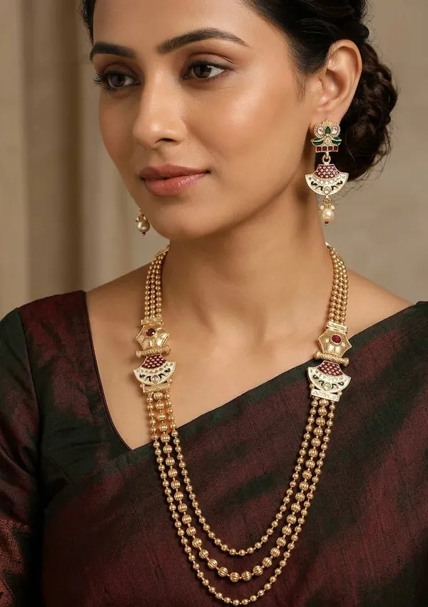 Gold-Tone_Temple_Motif_Layered_Necklace_Earring_Set_For_Women