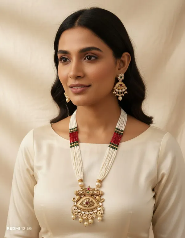Gold-Tone_White_Bead_Red_Green_Accent_Necklace_Earring_Set_For_Women