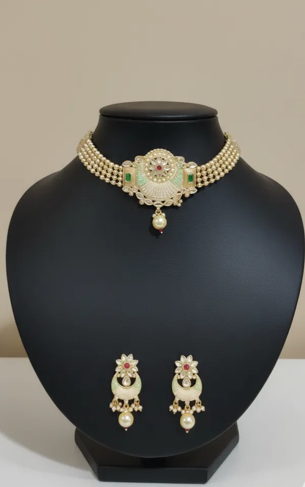 Gold-Tone_Pearl_Choker_Floral_Stone_Necklace_Earring_Set_For_Women