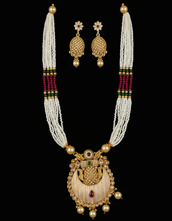 Gold-Tone_White_Bead_Red_Green_Accent_Necklace_Earring_Set_For_Women