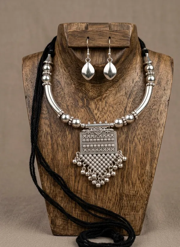 Silver_Oxidized_Alloy_Thread_Pendant_Necklace_Earrings_Set_For_Women