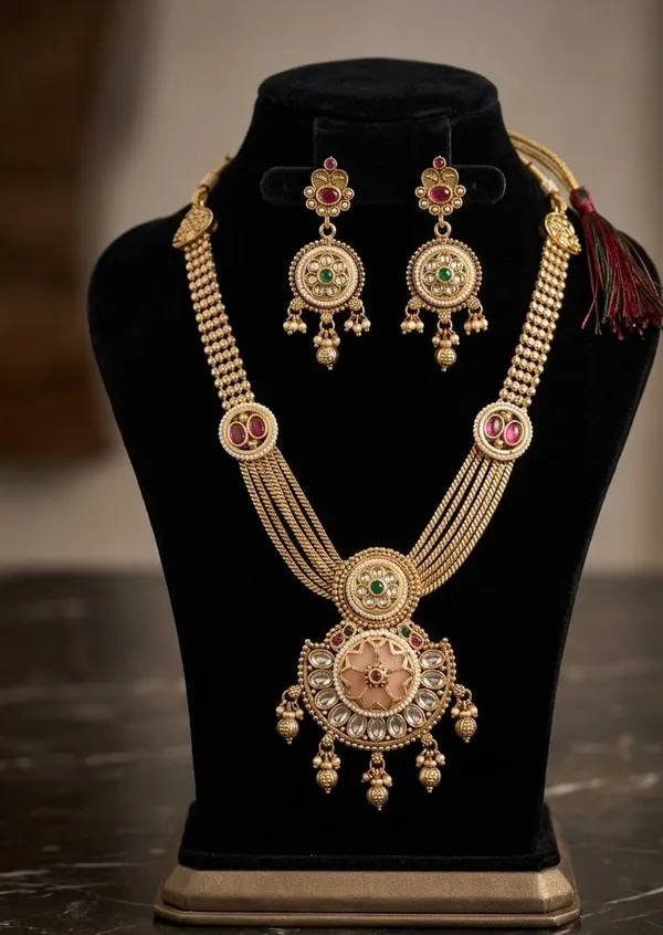 Gold-Tone_Copper_Red_Pink_Stone_Traditional_Necklace_Earring_Set_For_Women