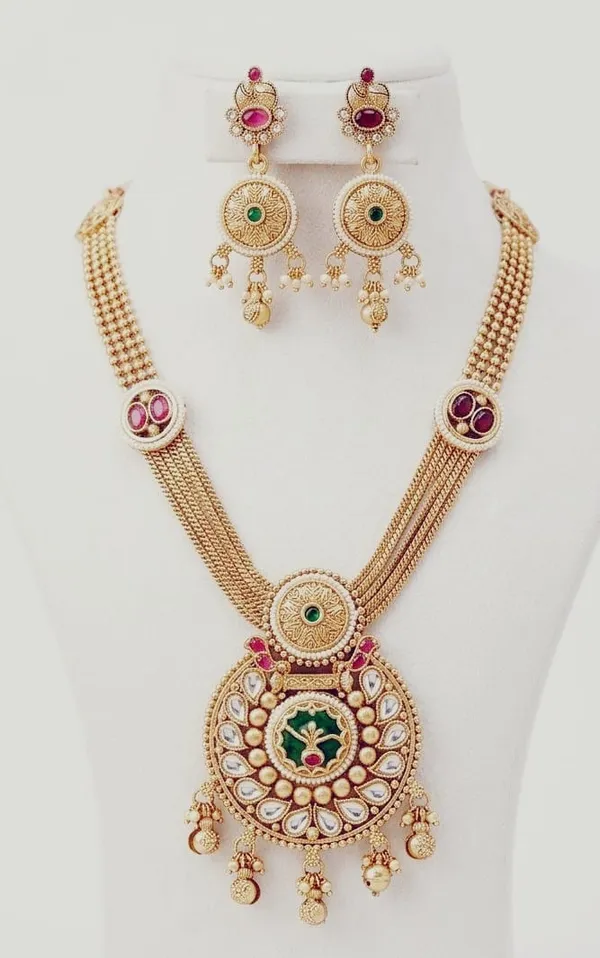 Gold-Tone_Copper_Pink_Green_Stone_Traditional_Necklace_Earring_Set_For_Women