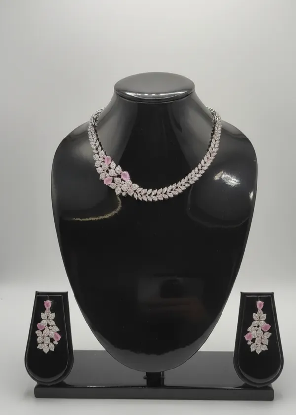 Silver_Pink_Alloy_Floral_Necklace_Earring_Set_For_Women