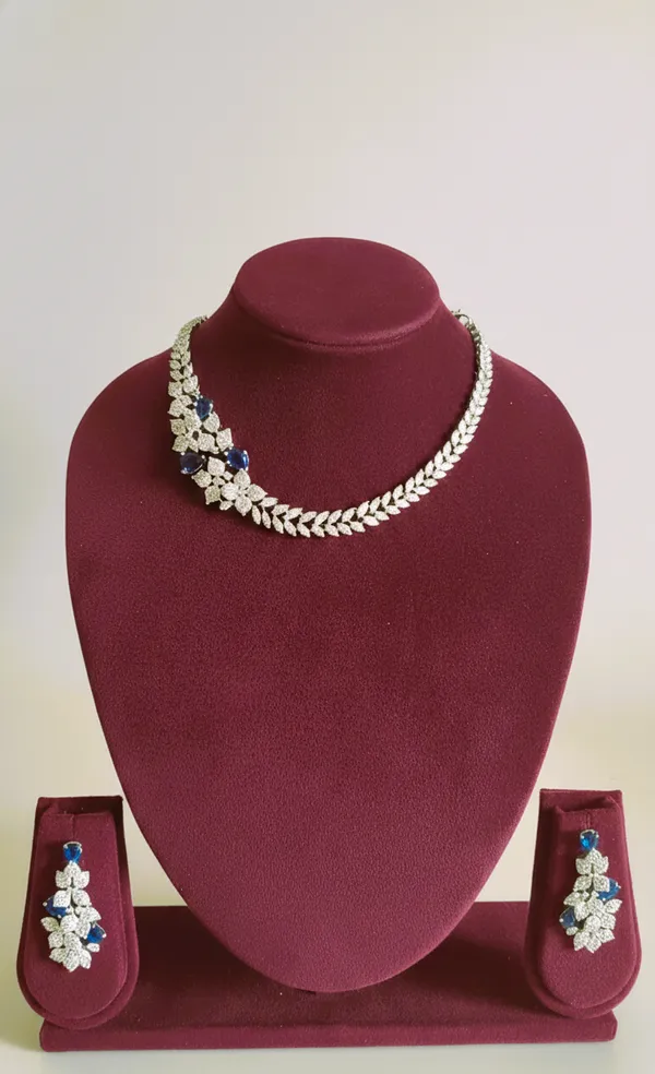 Silver_Blue_Ad_Alloy_Floral_Necklace_Earring_Set_For_Women