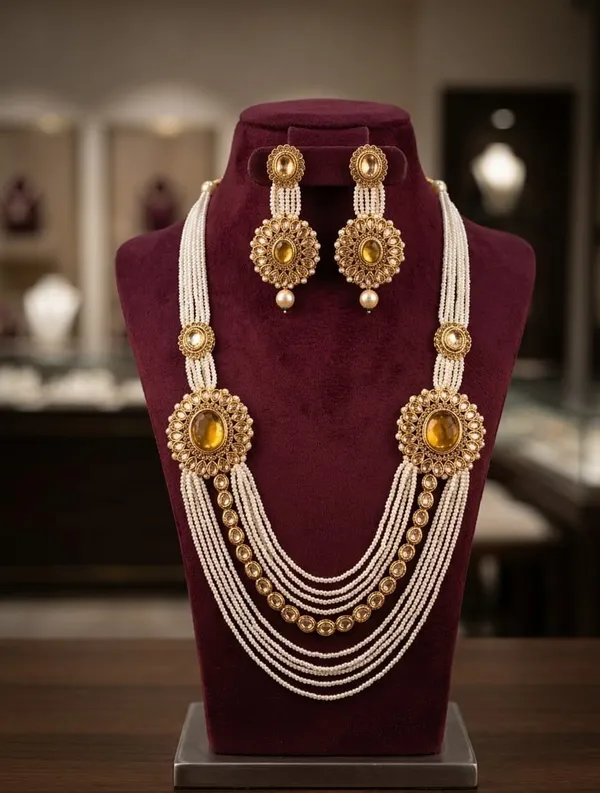 Gold_White_Pearl_Alloy_Layered_Floral_Necklace_Earring_Set_For_Women