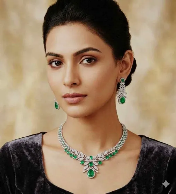 White_Green_Stone_Ad_Alloy_Floral_Necklace_Earring_Set_For_Women