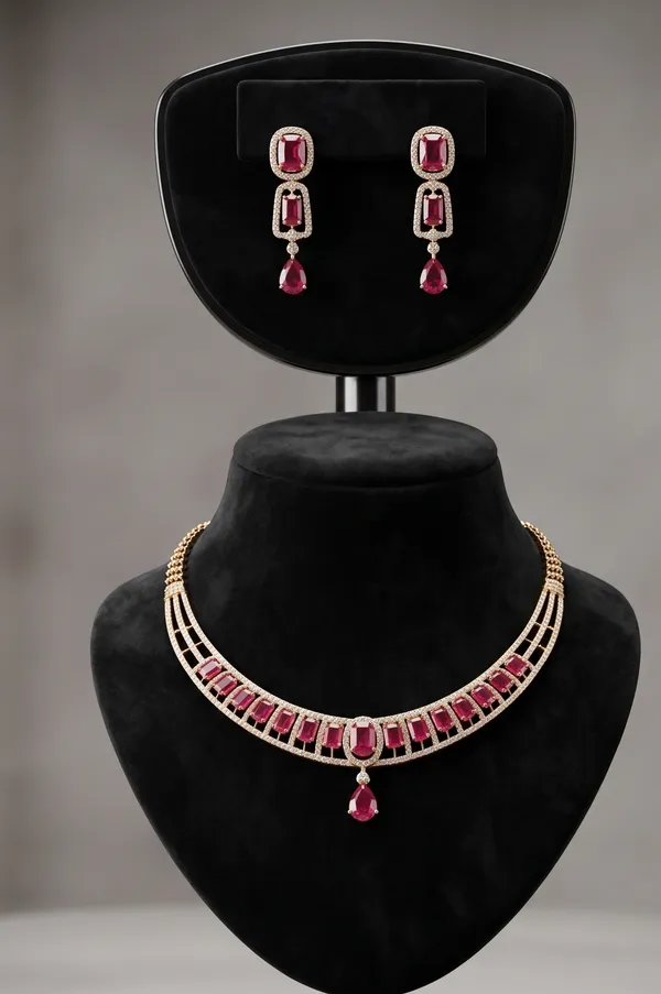 Gold-Tone_Red_Stone_Geometric_Necklace_Earring_Set_For_Women