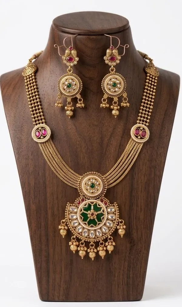 Gold-Tone_Copper_Green_Red_Stone_Layered_Necklace_Earring_Set_For_Women