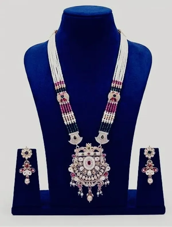 Silver-Tone_White_Pink_Bead_Traditional_Necklace_Earring_Set_For_Women
