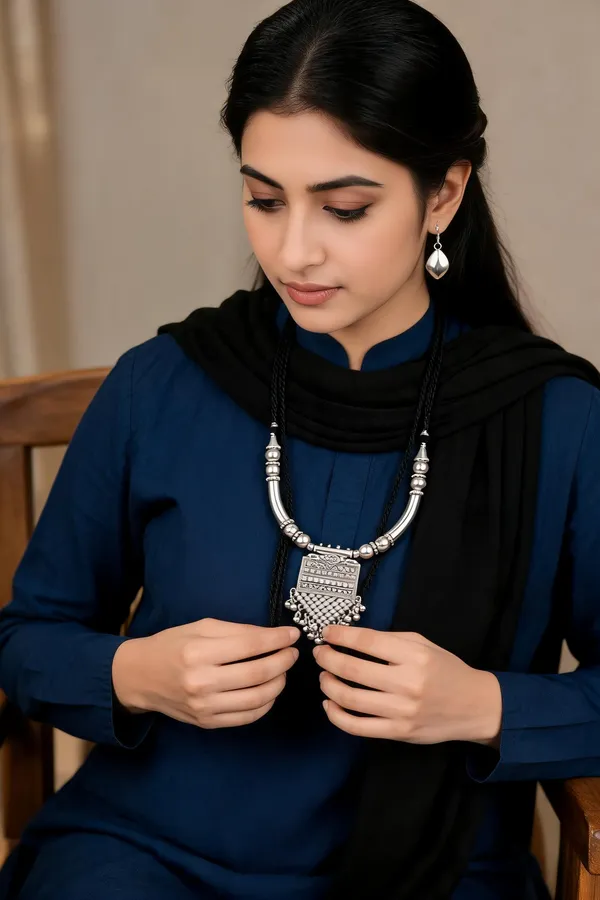 Silver_Oxidized_Alloy_Thread_Pendant_Necklace_Earrings_Set_For_Women