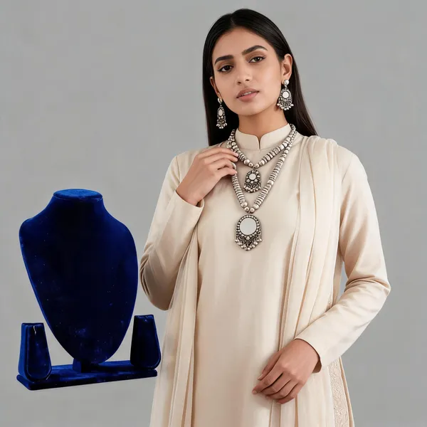 Silver_Alloy_Traditional_Layered_Necklace_Earrings_Set_For_Women
