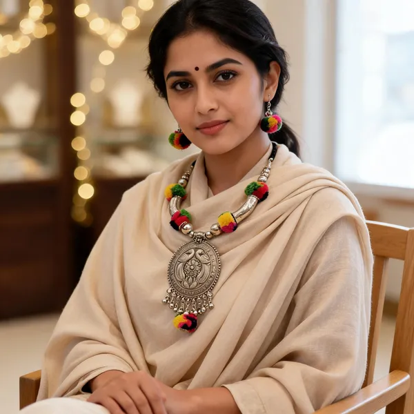 Multicolor_Silver_Alloy_Pom_Pom_Beaded_Necklace_Earrings_Set_For_Women