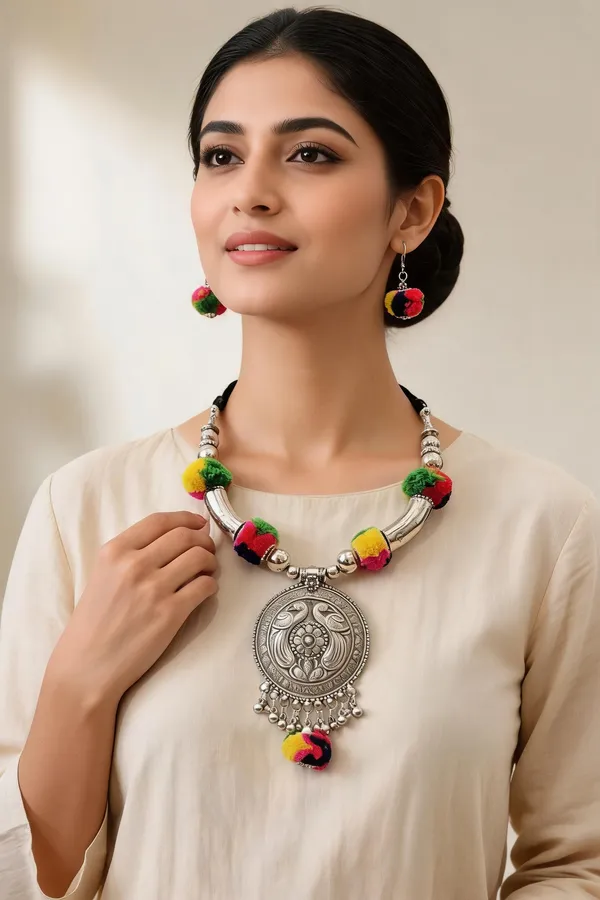 Multicolor_Silver_Alloy_Pom_Pom_Beaded_Necklace_Earrings_Set_For_Women
