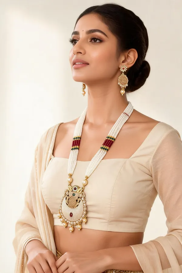 Gold-Tone_White_Bead_Ornate_Pendant_Necklace_Earring_Set_For_Women