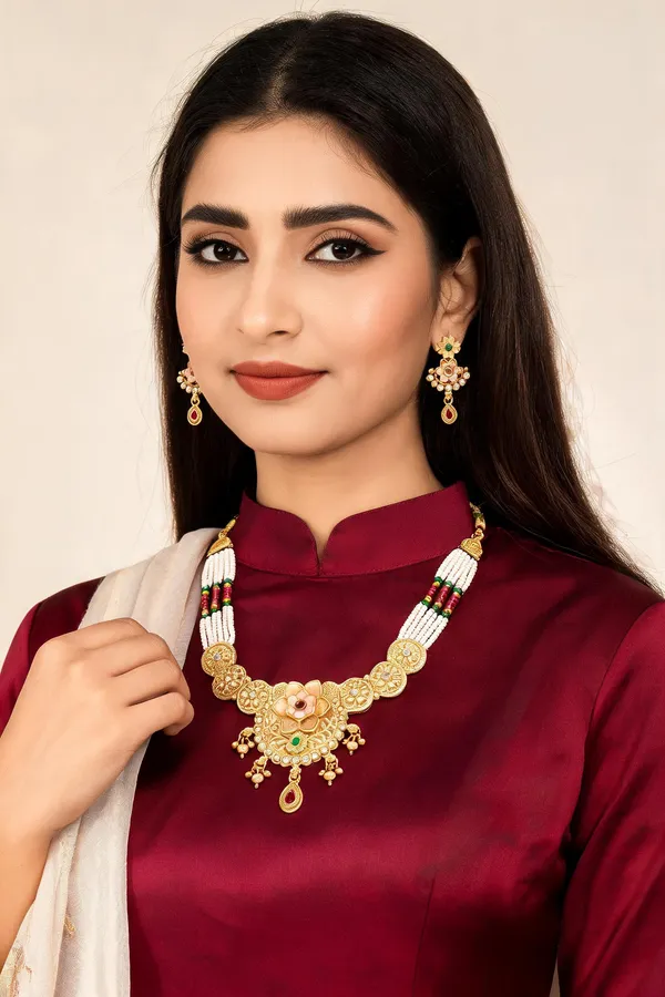 Gold-Tone_White_Bead_Bridal_Necklace_Earring_Set_For_Women