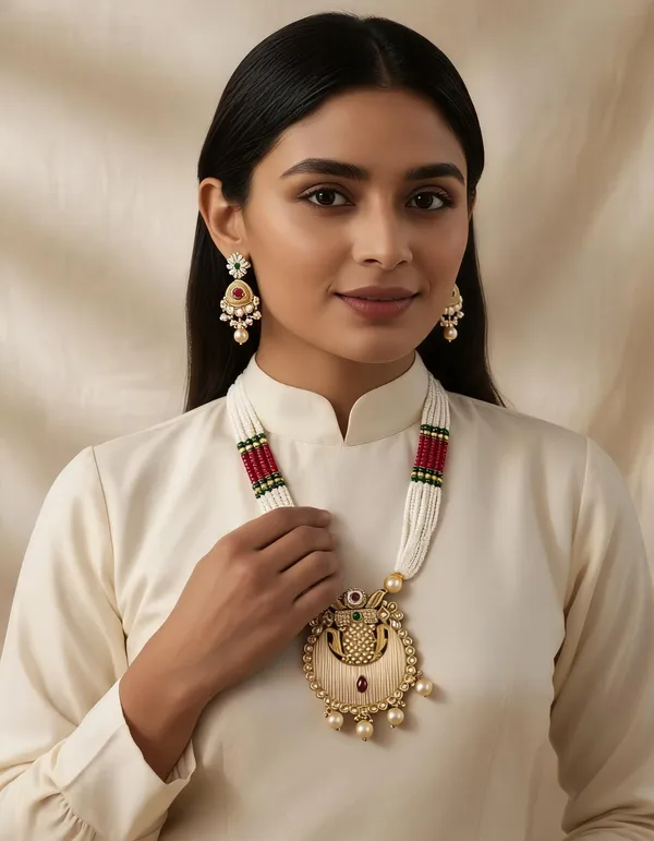 Gold-Tone_White_Bead_Red_Green_Accent_Necklace_Earring_Set_For_Women
