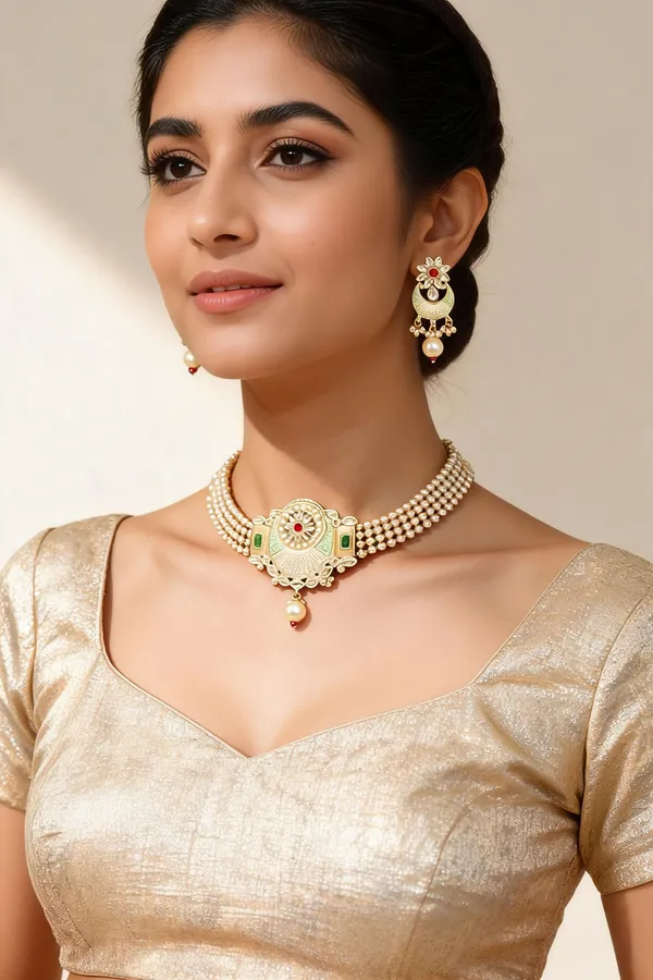 Gold-Tone_Pearl_Choker_Floral_Stone_Necklace_Earring_Set_For_Women