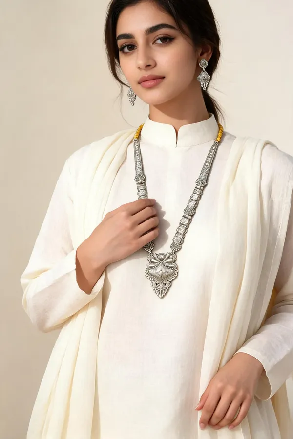 Silver_Alloy_Floral_Motif_Long_Necklace_Earrings_Set_For_Women