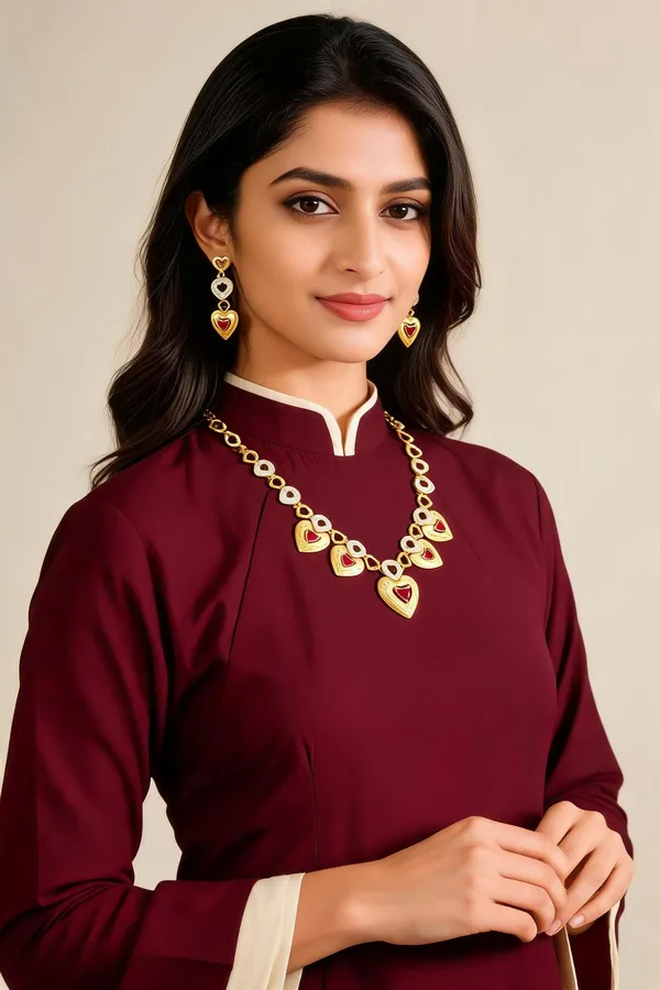 Maroon_Golden_Micro_Gold_Heart_Necklace_Earring_Set_For_Women