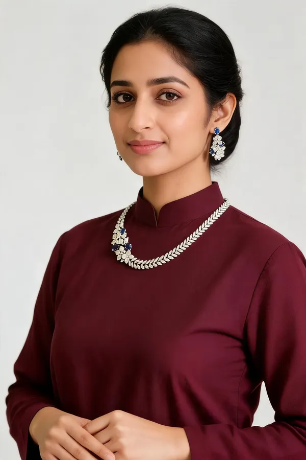 Silver_Blue_Ad_Alloy_Floral_Necklace_Earring_Set_For_Women