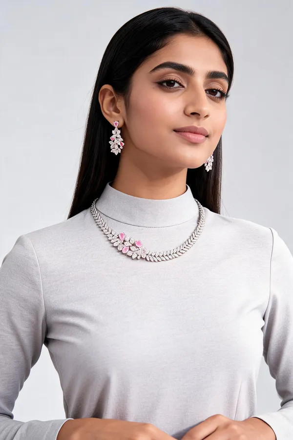 Silver_Pink_Alloy_Floral_Necklace_Earring_Set_For_Women