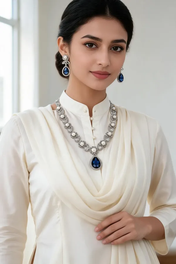 Silver_Blue_Stone_Pearl_Alloy_Floral_Necklace_Earring_Set_For_Women