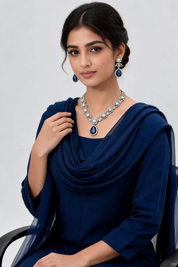 Silver_Blue_Stone_Pearl_Alloy_Floral_Necklace_Earring_Set_For_Women