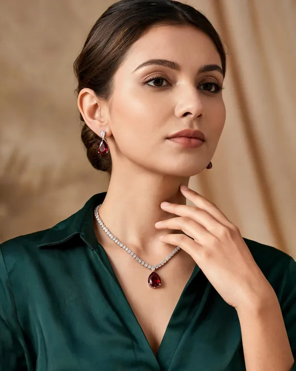 Silver-Tone_Red_Stone_Teardrop_Necklace_Earring_Set_For_Women