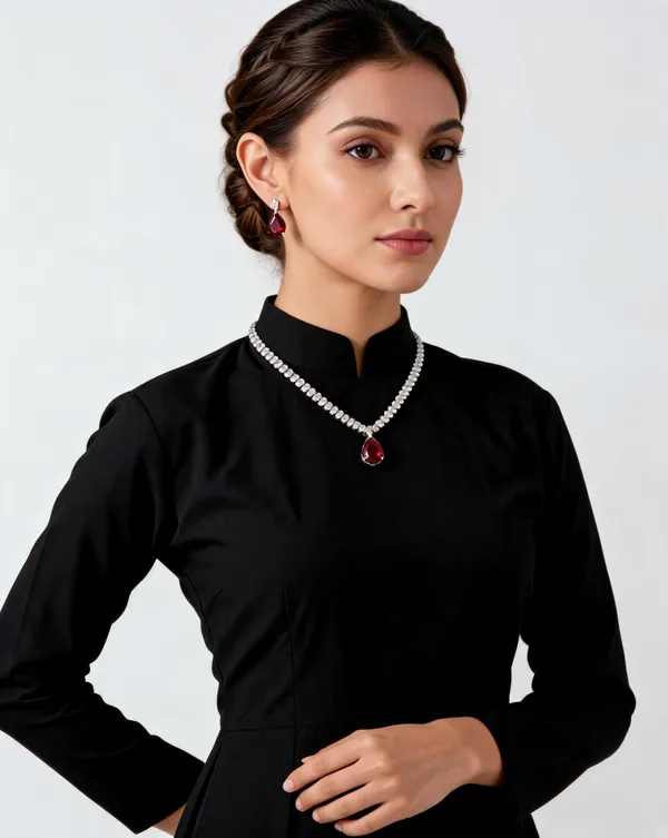 Silver-Tone_Red_Stone_Teardrop_Necklace_Earring_Set_For_Women