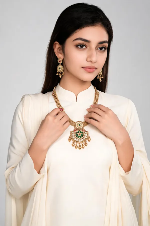 Gold-Tone_Copper_Green_Red_Stone_Layered_Necklace_Earring_Set_For_Women