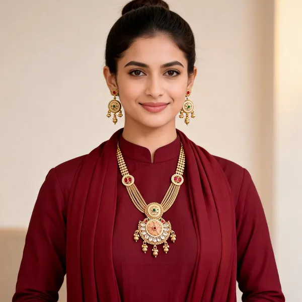 Gold-Tone_Copper_Red_Pink_Stone_Traditional_Necklace_Earring_Set_For_Women