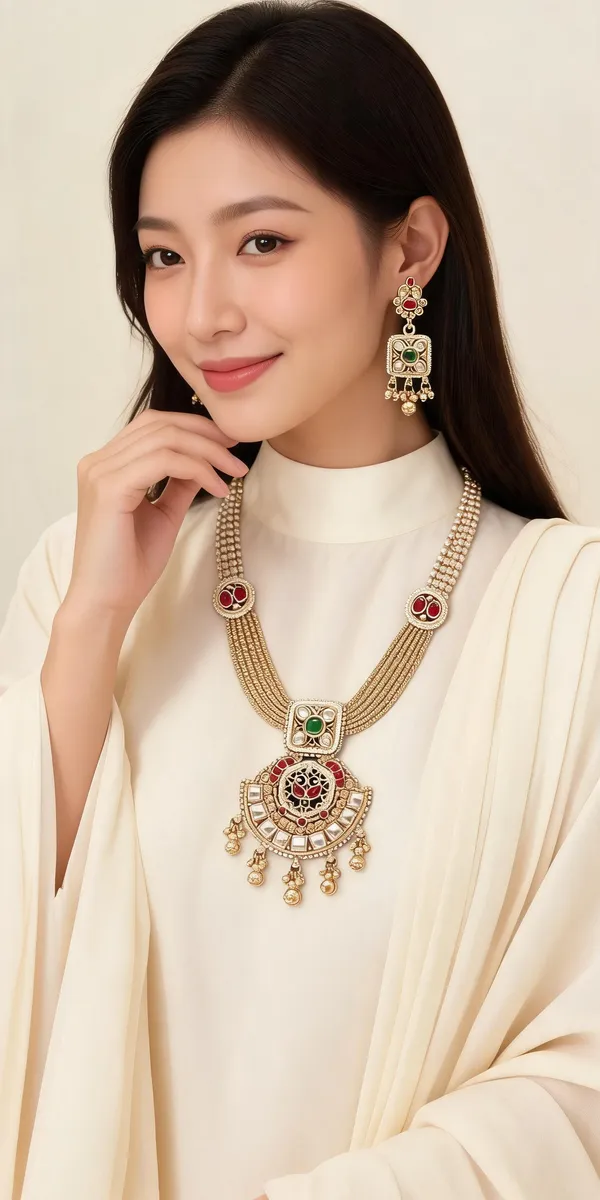 Gold-Tone_Copper_Green_Red_Accent_Traditional_Necklace_Earring_Set_For_Women