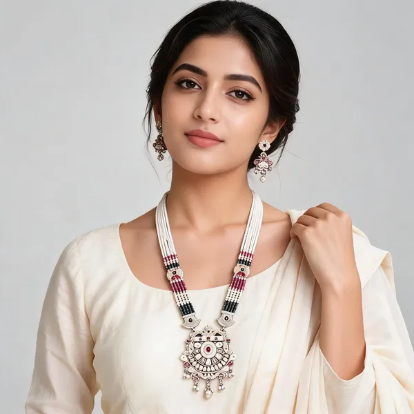 Silver-Tone_White_Pink_Bead_Traditional_Necklace_Earring_Set_For_Women