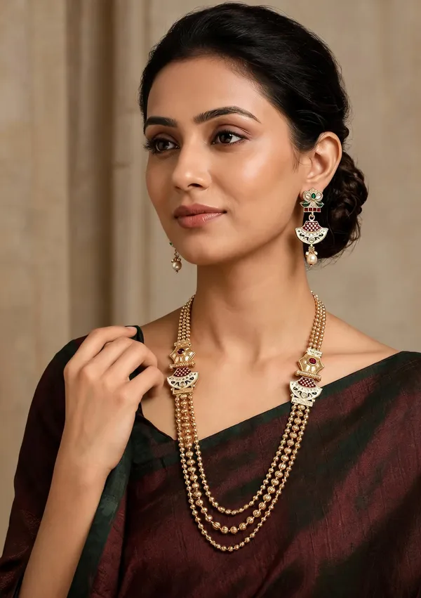 Gold-Tone_Temple_Motif_Layered_Necklace_Earring_Set_For_Women