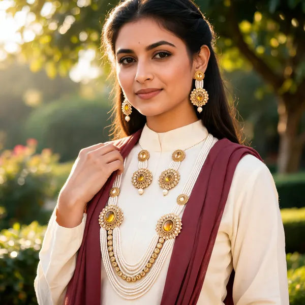 Gold_White_Pearl_Alloy_Layered_Floral_Necklace_Earring_Set_For_Women