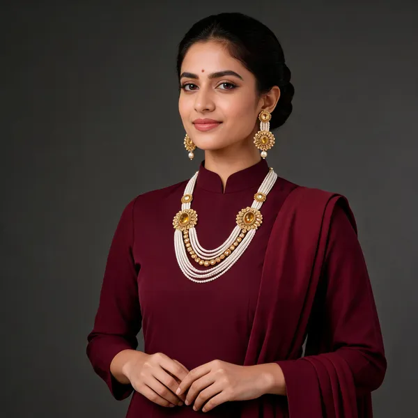 Gold_White_Pearl_Alloy_Layered_Floral_Necklace_Earring_Set_For_Women