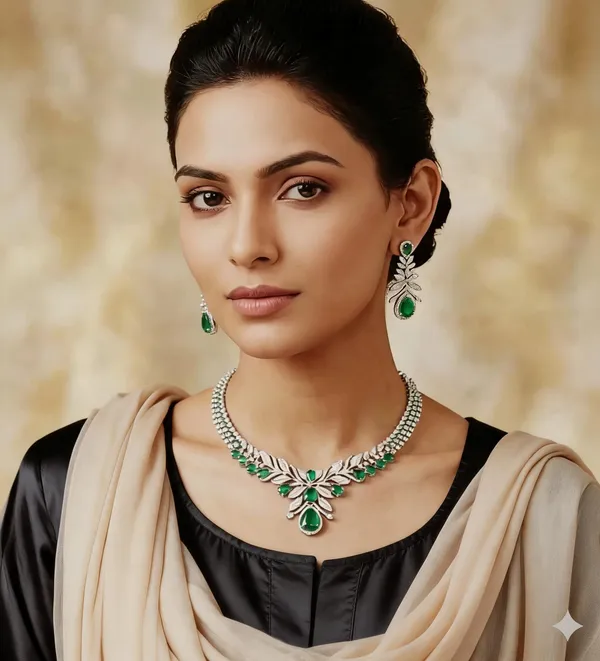White_Green_Stone_Ad_Alloy_Floral_Necklace_Earring_Set_For_Women