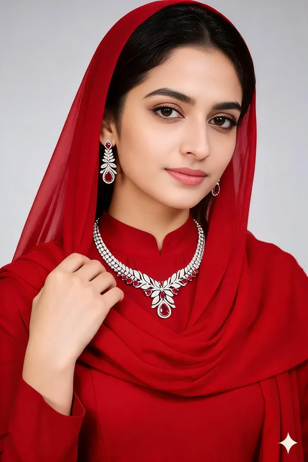 Silver_Red_Stone_Ad_Alloy_Leaf_Necklace_Earring_Set_For_Women