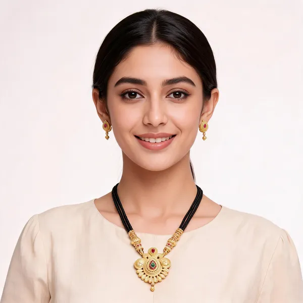 Gold-Tone_Black_Bead_Floral_Pendant_Mangalsutra_Earring_Set_For_Women