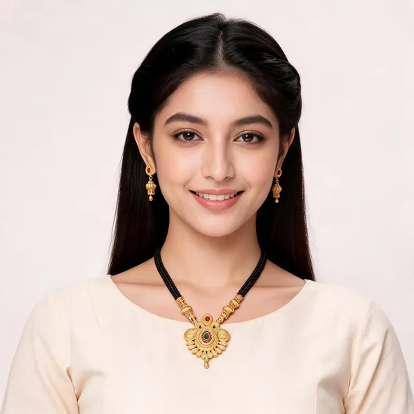 Gold-Tone_Black_Bead_Floral_Pendant_Mangalsutra_Earring_Set_For_Women