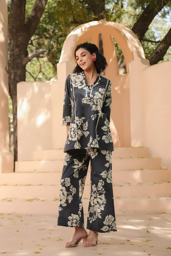 Charcoal_Cotton_Leaf_Print_Premium_Co_Ord_Set_Top_And_Matching_Pants