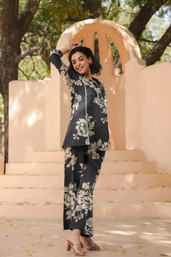Charcoal_Cotton_Leaf_Print_Premium_Co_Ord_Set_Top_And_Matching_Pants