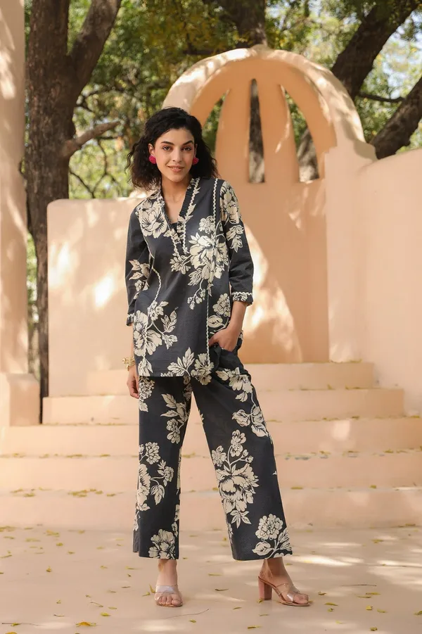 Charcoal_Cotton_Leaf_Print_Premium_Co_Ord_Set_Top_And_Matching_Pants