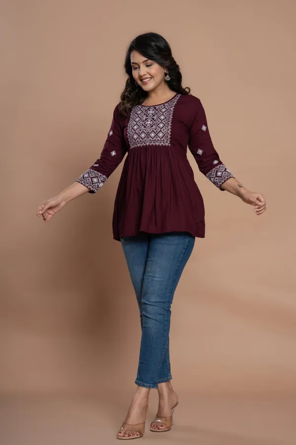 Embroidered_Diamond_Panel_Kurti_Burgundy